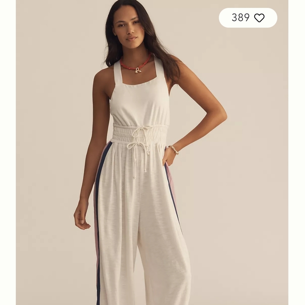 Daily PRACTICE by Anthro. Cream Sleeveless Wide-Leg Jumpsuit with Side Stripes